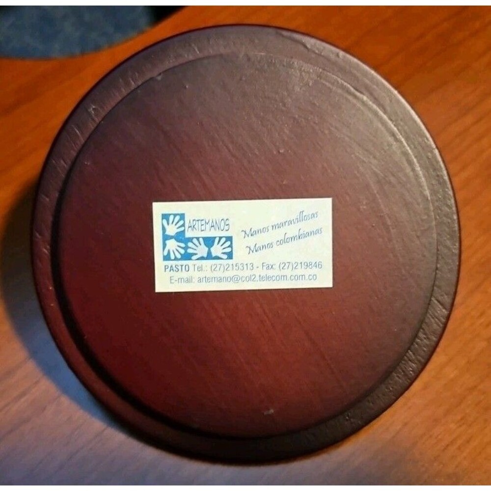 Handmade Straw Marquetry Wooden Trinket Bowl W/ Lid Village Scenery 6” Round - Picture 5 of 8